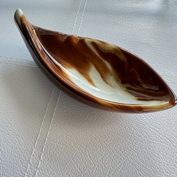 Ceramic Oblong Small Ashtray Trinket Dish Cream and Brown Glossy Leaf - Picture 3 of 6